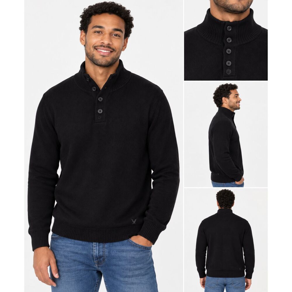 American Eagle Men’s L Black Cotton Henley High Collar Knit Sweater #22